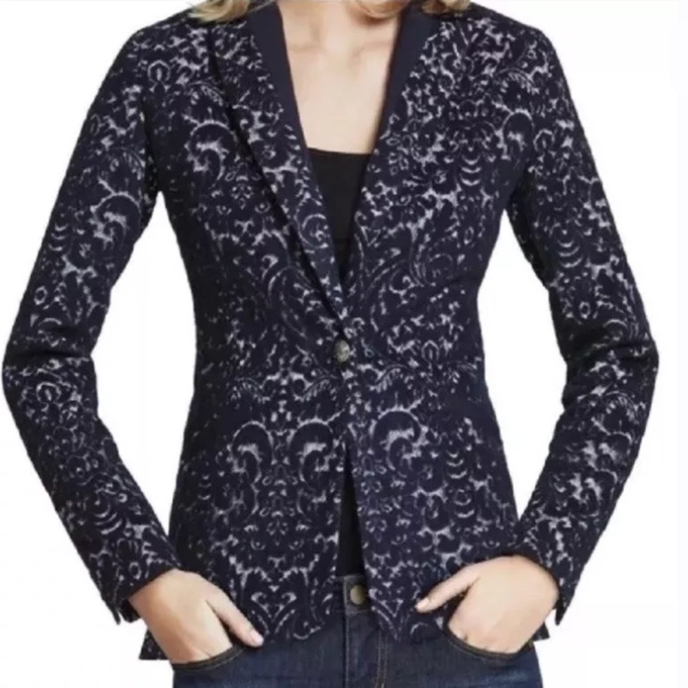 CAbi Sz 8 Wool Jacquard Blazer Navy Textured